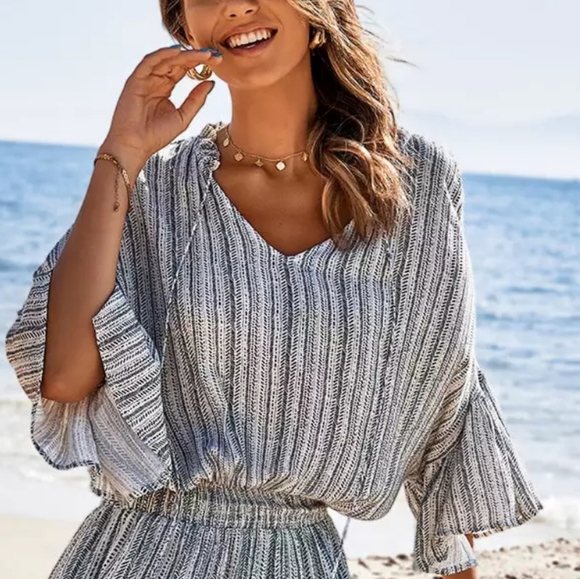 Hermine V-neck Elastic Waist Striped A-Shape Dress - Picture 5 of 7